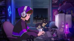 Rule 34 | 1boy, brown hair, chair, crt, dog, door, figure, from side, globe, hat, headphones, highres, juan pablo machado, keyboard (computer), lava lamp, lofi girl (youtube), male focus, monitor, mouse (computer), neon lights, official art, poster (object), purple hat, rubik&#039;s cube, scissors, shirt, sleeping, solo, striped clothes, striped shirt, sweater, synthwave boy, window, window blinds