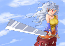 Rule 34 | 1girl, arm warmers, bare shoulders, blue sky, breasts, day, dress, fantuan xie, glaive (polearm), hair blowing, hatchet, layered dress, long hair, looking to the side, medium breasts, nata (tool), outdoors, polearm, red eyes, sakata nemuno, silver hair, sky, sleeveless, sleeveless dress, smirk, solo, sunrise stance, touhou, wind