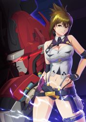 Rule 34 | 1girl, alternate breast size, ammunition, breasts, brown eyes, brown hair, cleavage, commentary, emubi, english commentary, fingerless gloves, gloves, glowing, glowing eyes, granvang, hand on own hip, highres, kisaragi chitose, looking to the side, mecha, medium breasts, midriff, navel, red eyes, robot, short shorts, shorts, super robot, super robot wars, super robot wars v, thigh strap