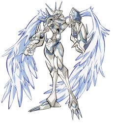 Rule 34 | 1boy, angel wings, armor, blue eyes, digimon, digimon (creature), digimon adventure tri., full armor, full body, highres, horns, monster, no humans, official art, omegamon merciful mode, simple background, solo, standing, wings