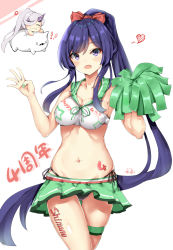 Rule 34 | !, !!, 2girls, :d, anger vein, bare arms, bare shoulders, black panties, blush, bow, breasts, character name, character request, cheerleader, chibi, cleavage, closed mouth, collarbone, commentary request, crop top, closed eyes, fingernails, gluteal fold, green nails, green sailor collar, green skirt, grey hair, hair bow, heart, high ponytail, highleg, highleg panties, highres, holding, horns, large breasts, long hair, midriff, multiple girls, nail polish, navel, open mouth, panties, pleated skirt, pom pom (cheerleading), ponytail, purple eyes, purple hair, red bow, sailor collar, shinano (warship girls r), side-tie panties, simple background, skirt, smile, standing, thigh gap, underwear, very long hair, warship girls r, wavy mouth, white background, zhudacaimiao