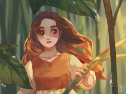 Rule 34 | 1girl, arrietty, brown eyes, brown hair, collarbone, commentary request, dew drop, dress, highres, karigurashi no arrietty, long hair, long sleeves, mini person, minigirl, open mouth, plant, solo, sophie usui, upper body, water drop