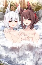 Rule 34 | 2girls, :d, ;d, = =, absurdres, akagi (azur lane), animal ears, azur lane, breasts, brown eyes, commentary request, convenient arm, fox ears, highres, kaga (azur lane), large breasts, looking at another, multiple girls, nude, one eye closed, onsen, open mouth, partially submerged, red eyes, rock, samip, short hair, smile, water, white hair