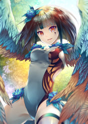 Rule 34 | 1girl, bad id, bad pixiv id, facial tattoo, feathers, female focus, flower, hair flower, hair ornament, harpy, leotard, lord of vermilion, lord of vermilion iii, monster girl, open mouth, smile, solo, tattoo, thigh strap, winged arms, wings, yue (lov n n)