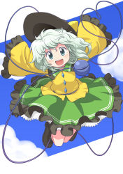 Rule 34 | 1girl, :d, absurdres, arms up, female focus, green eyes, green hair, hat, unworn hat, hat ribbon, unworn headwear, heart, heart of string, highres, jumping, komeiji koishi, kurotama (avino), looking at viewer, matching hair/eyes, md5 mismatch, open mouth, outstretched arms, petticoat, ribbon, short hair, skirt, sleeves past wrists, smile, solo, sun hat, touhou