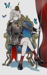 Rule 34 | ahoge, arm support, black skirt, blue butterfly, blue eyes, bug, butterfly, c-93 (girls&#039; frontline), commentary request, crossed legs, dm owr, flag, full body, girls&#039; frontline, grey hair, hair between eyes, helmet, highres, holding, holding flag, insect, light smile, loafers, looking at viewer, military, military uniform, on chair, pickelhaube, pleated skirt, red socks, shoes, short hair, sitting, skirt, socks, uniform