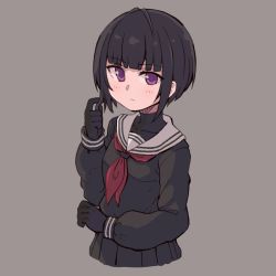 Rule 34 | black gloves, black hair, black serafuku, black shirt, black skirt, bob cut, breasts, closed mouth, collarbone, cropped torso, es (eisis), expressionless, gloves, grey background, hand up, highres, idolmaster, idolmaster cinderella girls, inverted bob, long sleeves, looking at viewer, neckerchief, playing with own hair, pleated skirt, purple eyes, red neckerchief, sailor collar, school uniform, serafuku, shirayuki chiyo, shirt, short hair, skirt, small breasts, solo, white sailor collar