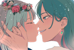 Rule 34 | 1boy, 1girl, ancolatte (onikuanco), black hair, blue eyes, blunt bangs, blush, close-up, closed eyes, crystal earrings, earrings, eyelashes, flower wreath, from side, grey hair, hair between eyes, hand on another&#039;s face, hetero, highres, howl (howl no ugoku shiro), howl no ugoku shiro, imminent kiss, jewelry, looking at another, medium hair, mixed-language commentary, parted lips, profile, puckered lips, short hair, smile, sophie (howl no ugoku shiro), studio ghibli, white background