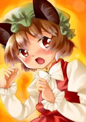 Rule 34 | 1girl, animal ears, arm up, bow, bowtie, brown hair, cat ears, cat girl, chen, fang, female focus, gradient background, hat, high collar, highres, long sleeves, looking at viewer, miina, open mouth, orange background, red eyes, shirt, short hair, skirt, solo, touhou, vest