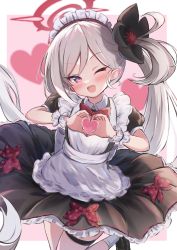 Rule 34 | 1girl, blue archive, breasts, flower, hair flower, hair ornament, heart, heart hands, highres, long hair, maid, mutsuki (blue archive), one eye closed, open mouth, purple eyes, side ponytail, silver hair, simple background, skirt, small breasts, smile, solo, very long hair, xeneca