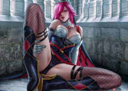 Rule 34 | 1girl, alexander dinh, black footwear, black panties, boots, breasts, brooch, brown thighhighs, cleavage, detached collar, fishnet thighhighs, fishnets, genshin impact, gloves, high heel boots, high heels, jewelry, on ground, open mouth, panties, pink eyes, pink hair, rosaria (genshin impact), solo, solo focus, spread legs, stone floor, stone wall, tagme, thigh strap, thighhighs, thighhighs under boots, thighs, underwear, wall