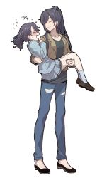 Rule 34 | 2girls, black hair, blazer, blush, carrying, commentary request, denim, closed eyes, fukumaru koito, full body, grey jacket, grey skirt, height difference, highres, idolmaster, idolmaster shiny colors, jacket, jeans, kyouno, loafers, miniskirt, multiple girls, open mouth, pants, plaid, plaid skirt, pleated skirt, princess carry, school uniform, shirase sakuya, shoes, skirt, torn clothes, torn jeans, torn pants, twintails, white background