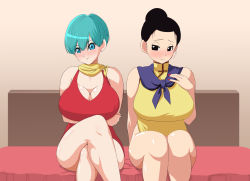 Rule 34 | 2girls, bed, black eyes, black hair, blue eyes, blush, breasts, bulma, chi-chi (dragon ball), china dress, chinese clothes, cleavage, crossed arms, crossed legs, donaora889, dragon ball, dragonball z, dress, earrings, embarrassed, female focus, green hair, hair bun, hand on own chest, hand up, highres, indoors, jewelry, large breasts, legs, looking at viewer, looking to the side, mature female, multiple girls, on bed, red dress, scarf, short hair, single hair bun, sitting, thighs, yellow scarf