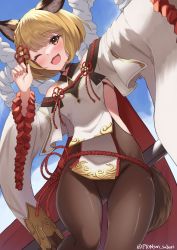 Rule 34 | 1girl, absurdres, animal ears, bare shoulders, blonde hair, blush, breasts, brown pantyhose, choker, crotch, detached sleeves, dog ears, dog girl, dog tail, fang, feet out of frame, granblue fantasy, hand up, highres, looking at viewer, one eye closed, open mouth, orange eyes, outstretched arm, pantyhose, pyonsan, rope, shimenawa, short hair, skin fang, small breasts, smile, solo, standing, tail, twitter username, vajra (granblue fantasy), wide sleeves