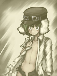Rule 34 | 00s, 1girl, androgynous, cabbie hat, clitoris slip, female focus, flat chest, fur hat, goggles, goggles on head, goggles on headwear, green eyes, green hair, hat, highres, kakkou (su), kino (kino no tabi), kino no tabi, matching hair/eyes, navel, open clothes, open shirt, pussy, pussy peek, revealing clothes, reverse trap, shirt, short shorts, shorts, solo, torn clothes, torn shirt