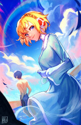 Rule 34 | 1boy, 1girl, absurdres, aegis (persona), alina l, android, beach, blonde hair, blue dress, blue eyes, blue hair, blue sky, blue swim trunks, cloud, day, dress, frilled dress, frills, from behind, hairband, highres, lens flare, light rays, outdoors, persona, persona 3, sand, short hair, signature, sky, twitter username, water, yuuki makoto (persona 3)