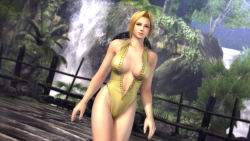 Rule 34 | 1girl, 3d, absurdres, blonde hair, blue eyes, breasts, cleavage, dead or alive, dead or alive 5, helena douglas, highres, large breasts, long hair, nature, official art, scenery, solo, swimsuit, tecmo, water, waterfall