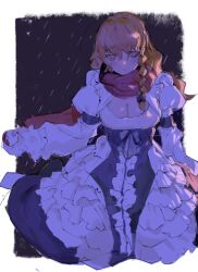 Rule 34 | 1girl, bags under eyes, black dress, blonde hair, blush, braid, breasts, cleavage, closed mouth, commentary request, cookie (touhou), cowboy shot, creatures (company), dress, expressionless, frilled dress, frills, game freak, hair between eyes, holding, holding poke ball, juliet sleeves, kebabu 01, kirisame marisa, large breasts, long bangs, long hair, long sleeves, looking at viewer, mars (cookie), nintendo, no headwear, poke ball, poke ball (basic), pokemon, puffy sleeves, rain, red scarf, scarf, single braid, solo, touhou, yellow eyes
