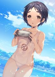 Rule 34 | 1girl, black hair, blue sky, brown eyes, cityscape, clothes writing, cloud, cowboy shot, day, diving mask, dutch angle, goggles, holding, kantai collection, looking at viewer, maru-yu (kancolle), mountain, one-piece swimsuit, outdoors, parted bangs, saiki yuzuri, school swimsuit, short hair, sky, solo, swimsuit, thick eyebrows, white one-piece swimsuit