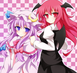 Rule 34 | 2girls, bat wings, bow, checkered background, crescent, creta (taku10), dress, dress shirt, female focus, frown, hair bow, hand on shoulder, hat, hat ribbon, head tilt, head wings, koakuma, long hair, long sleeves, looking at viewer, multiple girls, outline, patchouli knowledge, purple background, purple eyes, purple hair, red eyes, red hair, ribbon, robe, shirt, sitting, skirt, smile, standing, striped clothes, striped dress, touhou, vest, wings