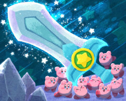Rule 34 | colored skin, commentary request, huge weapon, kirby, kirby&#039;s return to dream land, kirby (series), kirby mass attack, miclot, multiple persona, nintendo, no humans, one eye closed, open mouth, pink skin, smile, stalagmite, star (symbol), sword, teamwork, ultra sword, weapon