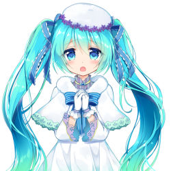 Rule 34 | 1girl, blue bow, blue bowtie, blue eyes, blue hair, blush, bow, bowtie, capelet, dress, floating hair, gloves, hair between eyes, hat, hatsune miku, long hair, open mouth, ousawa kanata, own hands clasped, own hands together, simple background, solo, striped bow, striped bowtie, striped clothes, striped neckwear, twintails, upper body, very long hair, vocaloid, white background, white capelet, white dress, white gloves, white hat, winter clothes