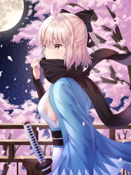 Rule 34 | 1girl, absurdres, ahoge, bad id, bad pixiv id, black bow, black scarf, bow, breasts, cherry blossoms, cherry tree, fate (series), from side, full moon, hair between eyes, hair bow, haori, highres, japanese clothes, katana, koha-ace, moon, night, night sky, okita souji (fate), okita souji (koha-ace), outdoors, ponytail, retsu4708, scarf, scarf over mouth, sheath, sheathed, short hair, sideboob, silver hair, sky, small breasts, solo, standing, star (sky), starry sky, sword, weapon, yellow eyes
