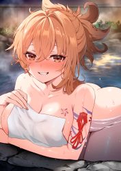 Rule 34 | 1girl, ass, ayomo ro, bare shoulders, bathing, blonde hair, blush, breasts, covering privates, genshin impact, grin, highres, large breasts, long hair, looking at viewer, nude cover, onsen, ponytail, smile, solo, towel, water, wet, yellow eyes, yoimiya (genshin impact)