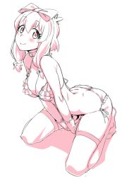 Rule 34 | 10s, 1girl, ass, bell, bikini, bow, breasts, butt crack, choker, cleavage, dimples of venus, frilled bikini, frills, gloves, hair bell, hair bow, hair ornament, kneeling, leaning forward, loliconder, monochrome, narugino mikatan, punch line, punchline, side-tie bikini bottom, smile, solo, swimsuit, thighhighs