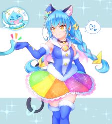 Rule 34 | 1girl, absurdres, animal ears, arakawa tarou, black choker, blue footwear, blue gloves, blue hair, blue jacket, boots, breasts, cat ears, cat tail, choker, closed mouth, cure cosmo, elbow gloves, floating hair, fur-trimmed boots, fur-trimmed gloves, fur trim, gloves, hat ornament, highres, jacket, long hair, medium breasts, miniskirt, multicolored clothes, multicolored skirt, precure, prunce (precure), skirt, sleeveless, sleeveless jacket, smile, solo, standing, star (symbol), star hat ornament, star twinkle precure, tail, thigh boots, thighhighs, very long hair, yellow eyes
