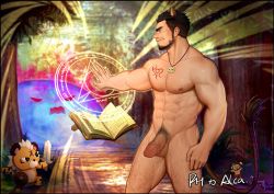 Rule 34 | 1boy, abs, alca (wakatanka4), animal ears, bara, beard, body hair, book, chest tattoo, commission, completely nude, dungeon and fighter, facial hair, fighting stance, flaccid, floating, floating object, grimoire, large pectorals, lion boy, lion ears, lion tail, magic circle, male focus, male pubic hair, muscular, muscular male, navel, navel hair, nipples, nude, original, pectorals, penis, peterhl, priest, pubic hair, red eyes, short hair, solo, stubble, stuffed toy, tail, tattoo, thick thighs, thighs, uncensored