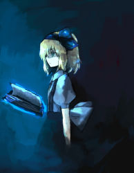 Rule 34 | 1girl, alice margatroid, alice margatroid (pc-98), blonde hair, blue eyes, book, expressionless, female focus, floating, floating object, fori, from side, grimoire, grimoire of alice, hairband, mystic square, puffy short sleeves, puffy sleeves, shaded face, short hair, short sleeves, solo, touhou, touhou (pc-98)