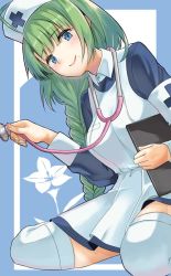 Rule 34 | 1girl, armband, blue background, blue eyes, braid, commentary request, floral background, green hair, hat, higeno shinshi, kantai collection, long hair, long sleeves, looking at viewer, mole, mole under mouth, nurse, nurse cap, sitting, smile, solo, stethoscope, thighhighs, white thighhighs, yokozuwari, yuugumo (kancolle)