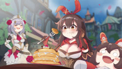 Rule 34 | 3d background, :t, absurdres, amber (genshin impact), armor, armored dress, ascot, baron bunny (genshin impact), belt, belt pouch, blunt bangs, blurry, blush stickers, braid, breasts, brown eyes, brown hair, cleavage, commentary request, cream, depth of field, eating, flower, food, food focus, food on face, fork, fruit, genshin impact, hair between eyes, hair flower, hair ornament, hairband, hand on own cheek, hand on own face, hands on own hips, highres, holding, holding fork, lighter-than-air pancake (genshin impact), long hair, lucifina 006, maid, maid headdress, noelle (genshin impact), pancake, petals, plate, pouch, short hair, sidelocks, silver hair, single braid, strawberry, stuffed animal, stuffed rabbit, stuffed toy, table, two-tone gloves