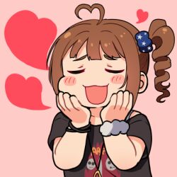Rule 34 | 1girl, :3, ahoge, black skirt, blush stickers, brown hair, cheek press, closed eyes, commentary, drill hair, hair ornament, hair scrunchie, hands on own cheeks, hands on own face, hands up, heart, heart ahoge, idolmaster, idolmaster million live!, jewelry, kamille (vcx68), long hair, lowres, necklace, open mouth, pink background, print shirt, scrunchie, shirt, short hair, side ponytail, sidelocks, skirt, solo, upper body, wrist scrunchie, wristband, yokoyama nao