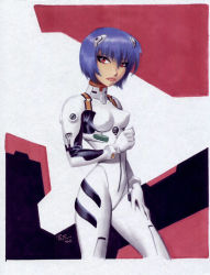 Rule 34 | 1girl, ayanami rei, blue hair, bodysuit, bracer, breasts, bruce timm, clenched hand, closed mouth, covered erect nipples, dated, expressionless, female focus, gloves, hair between eyes, hand on own thigh, headgear, impossible bodysuit, impossible clothes, legs apart, lips, lipstick, looking at viewer, makeup, neon genesis evangelion, pilot suit, plugsuit, red eyes, red lips, signature, simple background, skinny, small breasts, solo, standing, traditional media, turtleneck