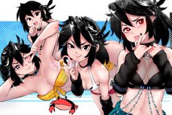 Rule 34 | 1girl, bare shoulders, black eyes, black hair, borrowed character, breasts, cleavage, crab, hair between eyes, halftone, hands up, heart, heart-shaped pupils, highres, licking lips, long hair, looking at viewer, lucia (scott malin), medium breasts, midriff, multiple views, nail polish, navel, one eye closed, open mouth, original, red eyes, robot cat (robotcatart), shadow, smile, symbol-shaped pupils, tongue, tongue out