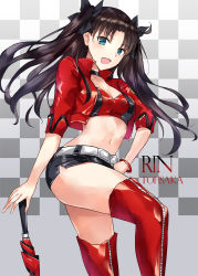 Rule 34 | 1girl, :d, asle, bangle, belt, belt buckle, black bow, black choker, black skirt, blue eyes, boots, bow, bracelet, breasts, brown hair, buckle, character name, checkered background, choker, cleavage, collarbone, commentary request, cropped jacket, fate/stay night, fate (series), fingernails, hair bow, jacket, jewelry, long hair, looking at viewer, official alternate costume, open clothes, open jacket, open mouth, parted bangs, red footwear, red jacket, red thighhighs, red umbrella, short sleeves, skirt, small breasts, smile, solo, thigh boots, thighhighs, tohsaka rin, two side up, umbrella, white belt