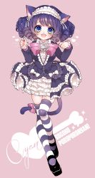 Rule 34 | 10s, 1girl, animal ears, bell, black hair, black nails, blue eyes, blush, bow, bowtie, cat ears, cat tail, character name, character request, colored stripes, cyan (show by rock!!), dress, fangs, frilled dress, frills, full body, green eyes, hands up, heart, horizontal-striped legwear, jingle bell, lolita fashion, looking at viewer, mamaloni, mary janes, multicolored eyes, nail polish, pink background, pink bow, pink bowtie, shoes, short hair, show by rock!!, simple background, solo, striped clothes, striped thighhighs, tail, tail bow, tail ornament, tareme, teeth, thighhighs, white bow, zettai ryouiki