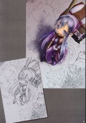 Rule 34 | 1girl, absurdres, book, cloud, comparison, drawing, foreshortening, hairband, highres, looking at viewer, mini person, minigirl, nib pen (object), open mouth, original, pen, purple eyes, purple hair, purple theme, scan, sidelocks, smile, tsukushi akihito