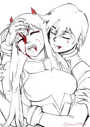 Rule 34 | 10s, 1boy, 1girl, asymmetrical horns, blood, blood from mouth, blood on face, blossomppg, bodysuit, breasts, closed eyes, couple, darling in the franxx, fangs, fringe trim, gloves, greyscale, hand on another&#039;s arm, hand on another&#039;s head, hetero, highres, hiro (darling in the franxx), horns, hug, hug from behind, large breasts, long hair, monochrome, oni horns, pilot suit, red horns, short hair, zero two (darling in the franxx)