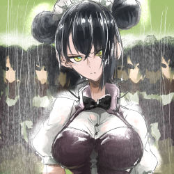 Rule 34 | 1girl, agent (girls&#039; frontline), asymmetrical hair, black dress, black hair, black neckwear, blurry, blurry background, bow, bowtie, breasts, buttons, clone, commentary request, double bun, dress, eyes visible through hair, frown, girls&#039; frontline, glaring, green sky, hair between eyes, hair bun, hair over one eye, head tilt, highres, large breasts, maid headdress, myouta, outdoors, puffy short sleeves, puffy sleeves, rain, shirt, short hair, short sleeves, upper body, v-shaped eyebrows, wet, white shirt, yellow eyes, yellow pupils