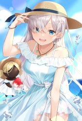 Rule 34 | 1girl, anastasia (fate), anastasia (swimsuit archer) (fate), anastasia (swimsuit archer) (first ascension) (fate), bare shoulders, beach, blue dress, blue eyes, blue sky, blush, bracelet, breasts, collarbone, doll, dress, earrings, fate/grand order, fate (series), food, hair over one eye, hat, highres, jewelry, large breasts, long hair, looking at viewer, necklace, open mouth, pendant, shaved ice, shino skk, silver hair, sky, smile, straw hat, very long hair, viy (fate)