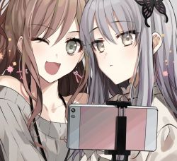 Rule 34 | 2girls, ;d, bad id, bad pixiv id, bang dream!, bare shoulders, blush, breasts, brown eyes, brown hair, butterfly hair ornament, cellphone, cleavage, closed mouth, collarbone, commentary, eyelashes, gambe, grey eyes, grey hair, hair ornament, imai lisa, long hair, minato yukina, multiple girls, off-shoulder, off-shoulder sweater, off shoulder, one eye closed, open mouth, phone, rabbit hair ornament, selfie, selfie stick, shirt, side-by-side, sidelocks, smartphone, smile, sweater, upper body, white shirt
