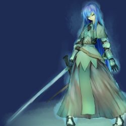 Rule 34 | 1girl, bio lab, blue hair, brown capelet, brown dress, capelet, chest guard, chirigami-san, closed mouth, commentary request, dress, egnigem cenia, full body, gauntlets, green eyes, holding, holding sword, holding weapon, long hair, looking at viewer, ragnarok online, scabbard, sheath, smile, solo, sword, swordsman (ragnarok online), weapon