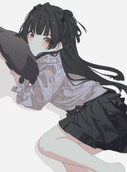 Rule 34 | 1girl, bare legs, black hair, black ribbon, black skirt, blunt bangs, blush, buckle, closed mouth, feet out of frame, grey background, hair ribbon, head on pillow, highres, hugging object, idolmaster, idolmaster shiny colors, long hair, looking at viewer, luvluvvox, lying, mayuzumi fuyuko, orange eyes, pillow, pillow hug, pleated skirt, ribbon, shirt, skirt, snap-fit buckle, solo, two side up, unmoving pattern