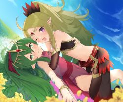 Rule 34 | 2girls, ;d, absurdres, bangle, bare shoulders, black gloves, bracelet, commentary, dress, fire emblem, fire emblem: mystery of the emblem, fire emblem awakening, fire emblem heroes, gloves, green eyes, green hair, hair ornament, highres, hug, jewelry, long hair, looking at viewer, lying, md5 mismatch, multiple girls, navel, nintendo, nowi (fire emblem), official alternate costume, on back, one eye closed, open mouth, outdoors, pink dress, pointy ears, ponytail, purple eyes, resolution mismatch, smile, source smaller, stomach, tiara, tiki (fire emblem), tiki (young) (fire emblem), utemika, very long hair
