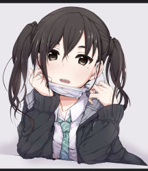Rule 34 | 1girl, :o, black jacket, brown eyes, brown hair, collarbone, collared shirt, commentary request, green necktie, hair between eyes, hands up, head tilt, highres, hood, hood down, hooded jacket, idolmaster, idolmaster cinderella girls, jacket, letterboxed, long hair, long sleeves, looking at viewer, mask, mask pull, mole, mole under eye, mouth mask, necktie, open clothes, open jacket, open mouth, school uniform, sharp teeth, shirt, sidelocks, sleeves past wrists, solo, striped necktie, striped neckwear, sunazuka akira, surgical mask, teeth, twintails, white shirt, woshinon