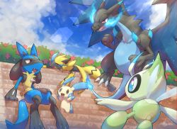 Rule 34 | :d, blue fire, breath weapon, bush, celebi, charizard, claws, closed eyes, cloud, creatures (company), day, fang, fire, flame-tipped tail, game freak, gen 1 pokemon, gen 2 pokemon, gen 3 pokemon, gen 4 pokemon, gen 7 pokemon, highres, legendary pokemon, lucario, lying, mega charizard x, mega pokemon, minun, mythical pokemon, nintendo, nullma, on stomach, open mouth, outdoors, pokemon, pokemon (creature), red eyes, sitting, sky, smile, stairs, standing, sweat, toes, tongue, zeraora