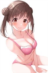 Rule 34 | 1girl, arm under breasts, bare arms, bare shoulders, blush, bra, breasts, brown hair, cleavage, closed mouth, collarbone, double bun, hair bun, heart, highres, idolmaster, idolmaster shiny colors, looking at viewer, medium breasts, namidako, navel, panties, pink bra, pink panties, red eyes, short hair, short twintails, simple background, sitting, smile, solo, sonoda chiyoko, twintails, underwear, underwear only, white background